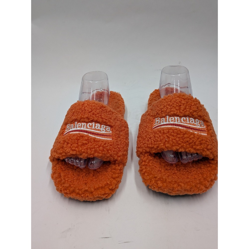Balenciaga Political Campaign Furry Slides Orange Faux Fur Slippers Sz 45 US 11 - Picture 6 of 11